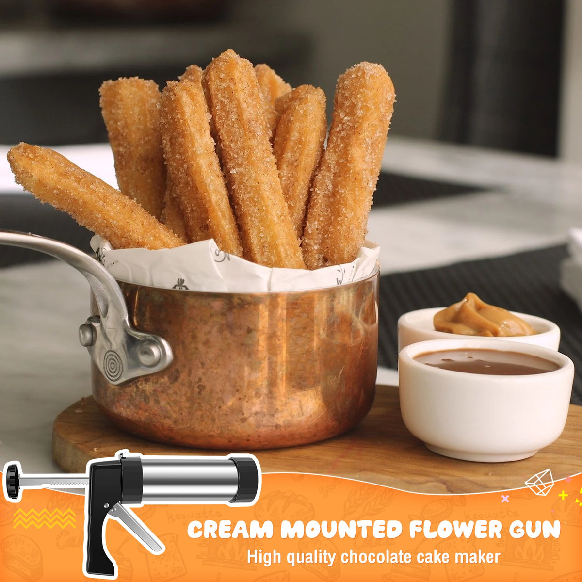 Stainless Steel Churro Maker and Cookie Press Gun Kit with 8 Nozzles