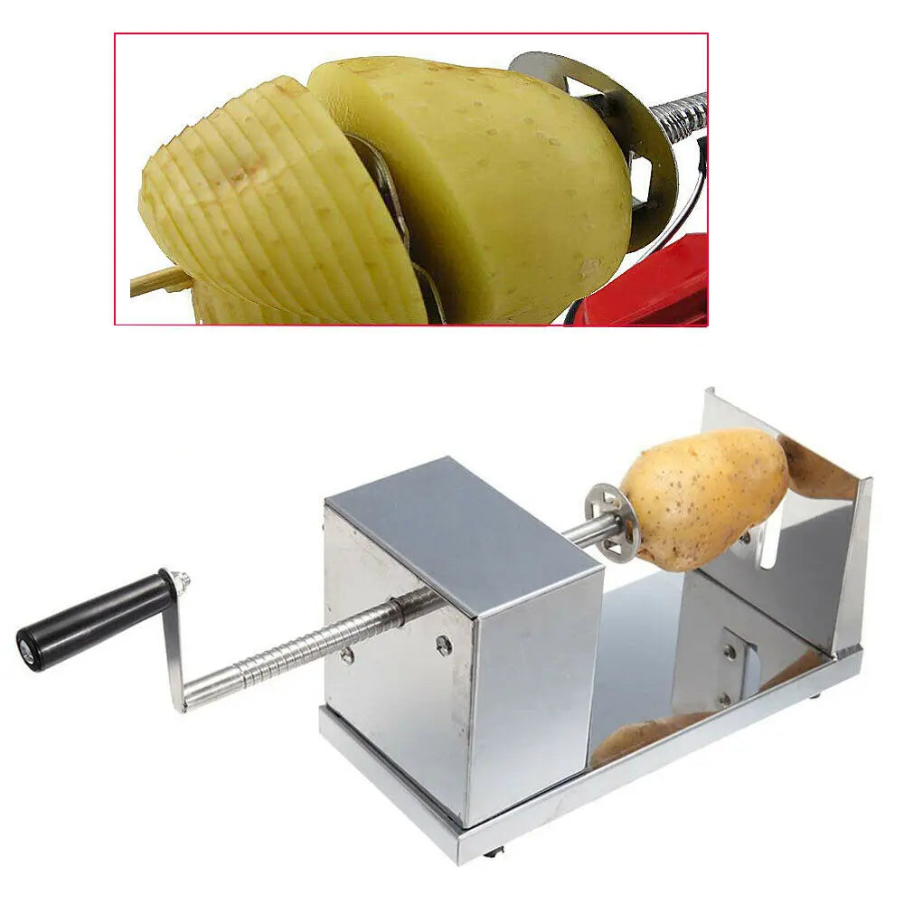 Stainless Steel Hand-Cranked Spiral Potato Cutter, Chip Maker and Apple Slicer