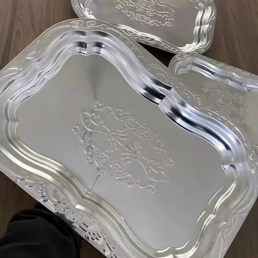 1PCS Stainless Steel Rectangular Tray with Embossed Design for Kitchen Living Room Storage Durable Fruit Snack Cake Serving Dish