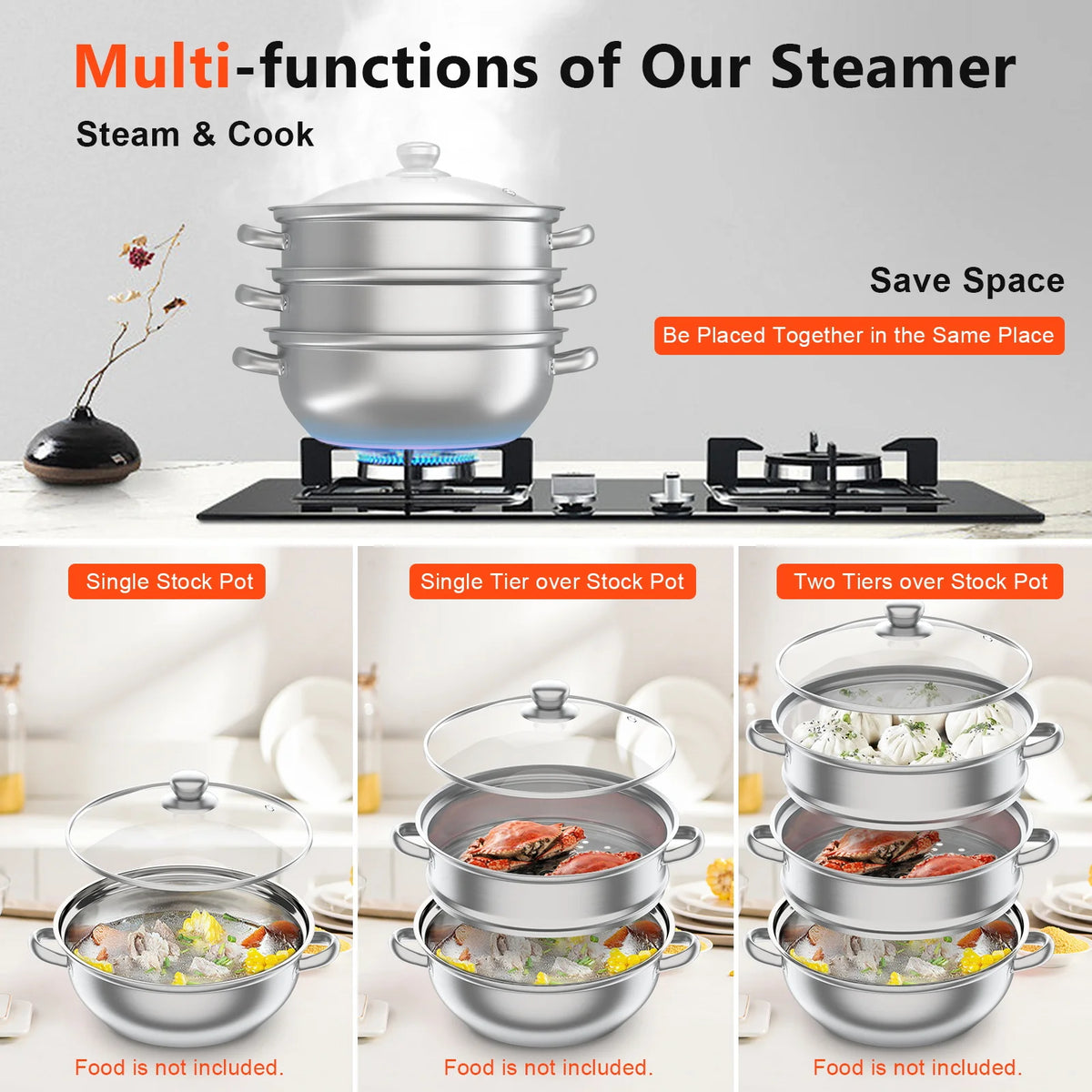 11 Inch 3-Tier Stainless Steel Food Steamer Pot with Lid