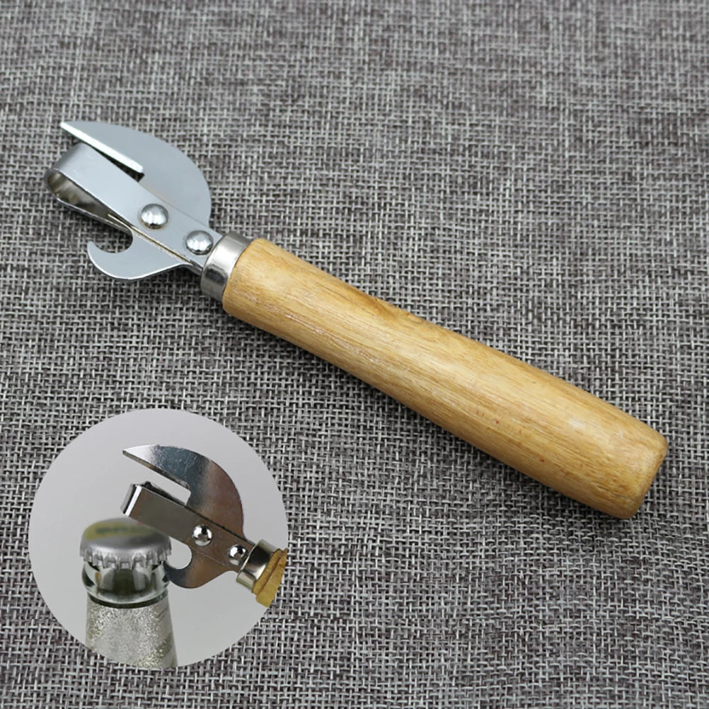 Stainless Steel Can and Bottle Opener with Wooden Handle