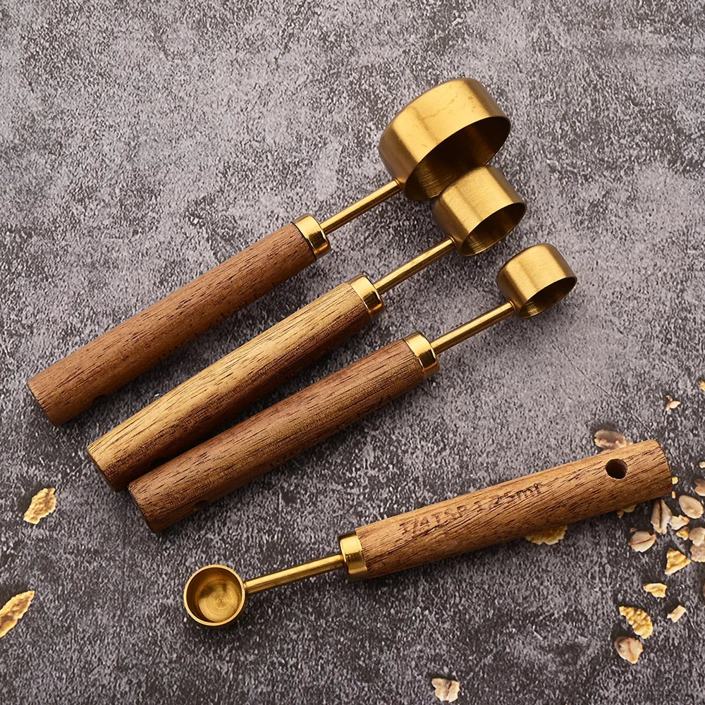 Gold Wooden Handle Stainless Steel Measuring Cups Spoons Baking Tools Coffee Measuring Spoon Set Bartending Scale Accessories