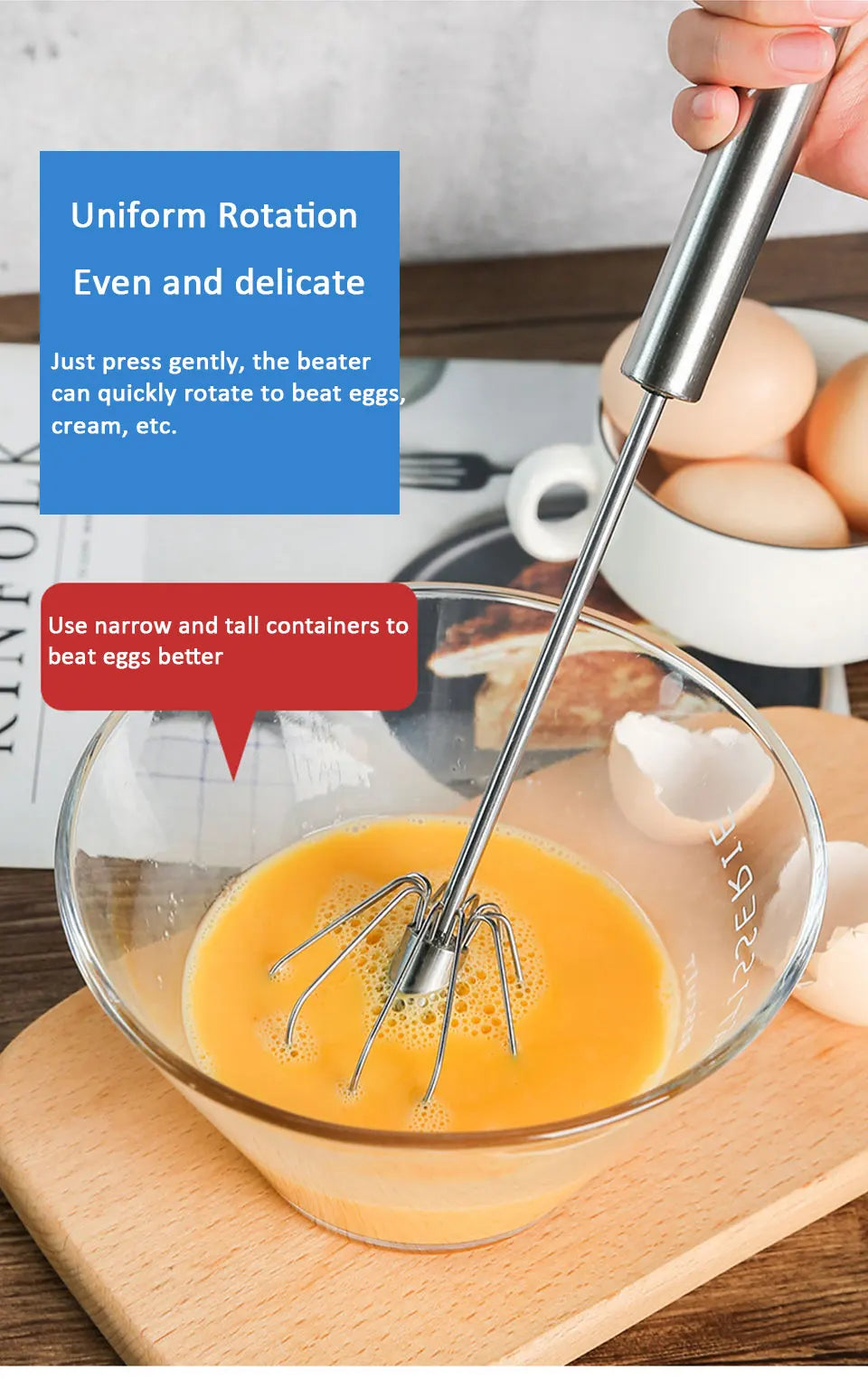 Semi-Automatic Stainless Steel Hand Whisk, Push Action