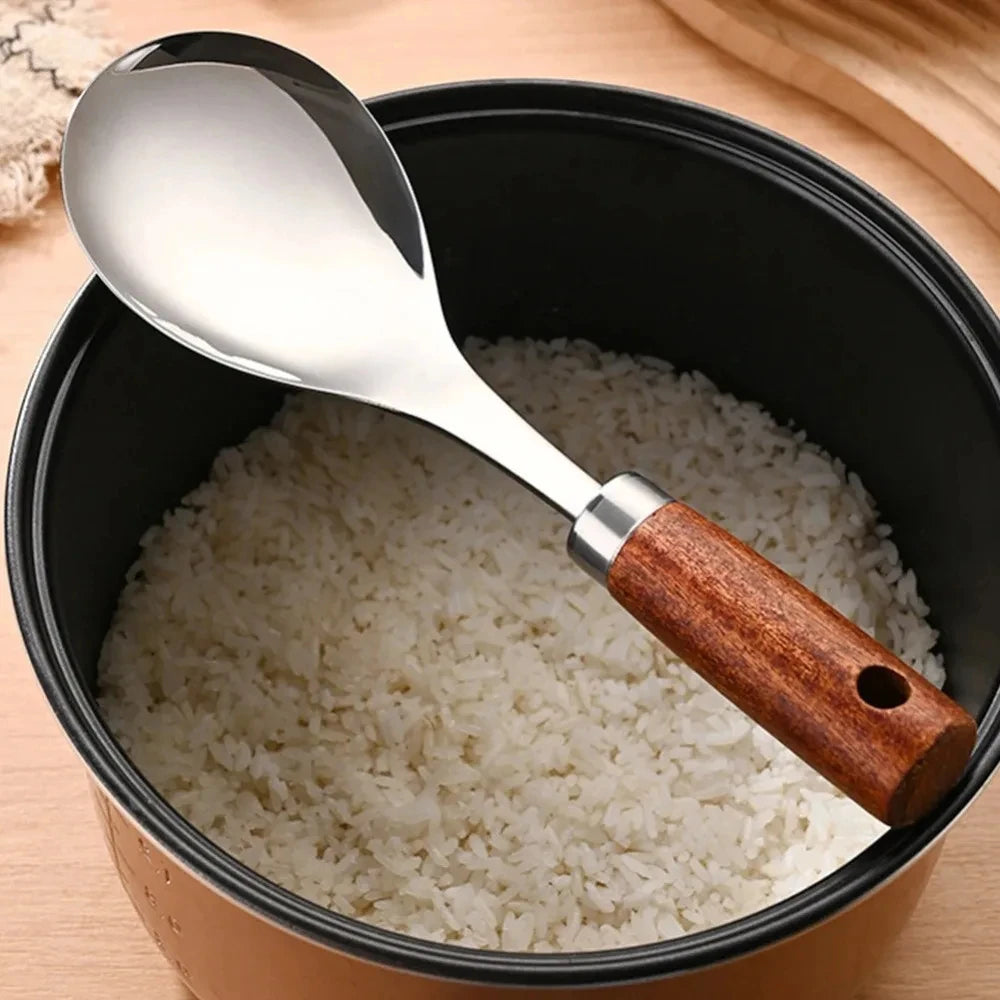 22cm Stainless Steel Rice Spoon Heat-Resistant Rice Shovel Spoon With Wooden Handle Non-Stick Spatula Rice Cooker Kitchen Tools