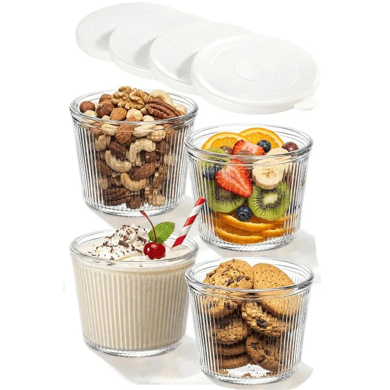 4/6PCS Small Glass Bowl with Lid Clear Stripe Glass Container Stackable for Desserts Puddings Sauces Dips Nuts Oats Candy Sweets