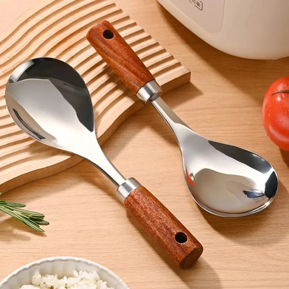 22cm Stainless Steel Rice Spoon Heat-Resistant Rice Shovel Spoon With Wooden Handle Non-Stick Spatula Rice Cooker Kitchen Tools