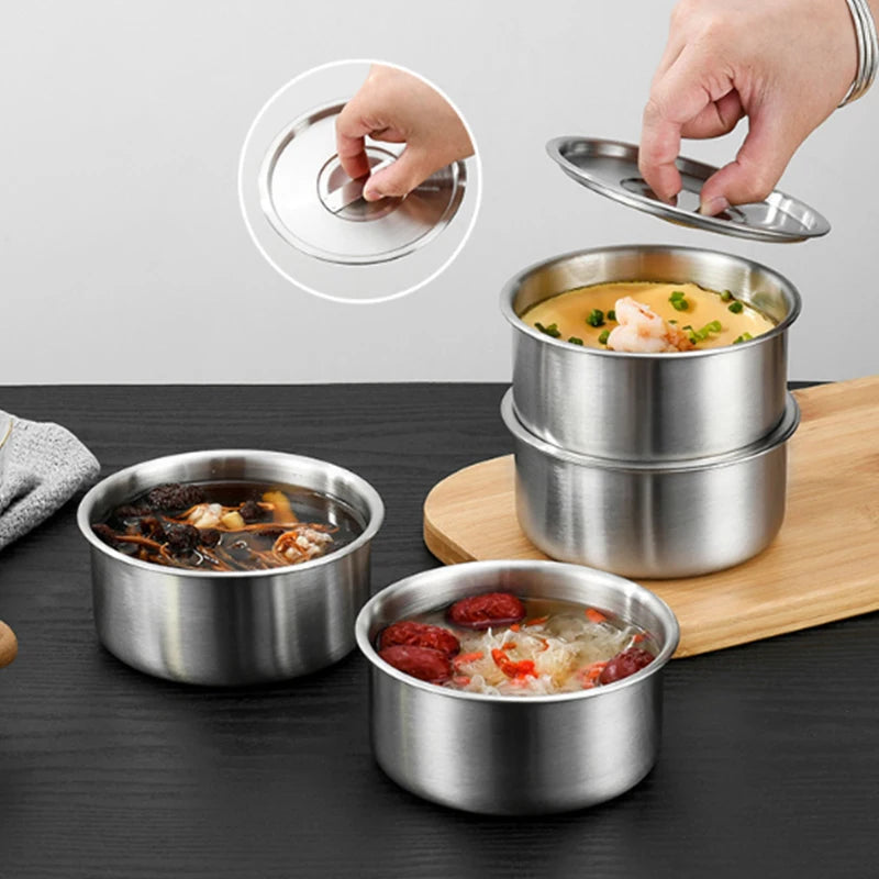 Stainless Steel Steamed Egg Bowl Ramen Rice Fruit Salad Stew Bowls With Lids Soup Cup Food Container Kitchen Tableware Supplies