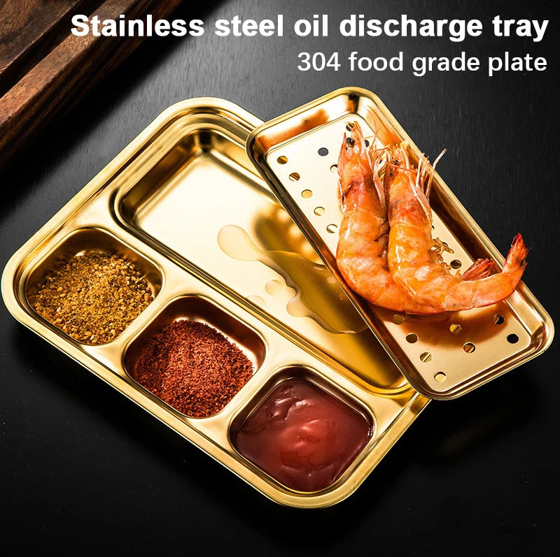4 Grid 304 Stainless Steel Food Tray Oil Drain Barbecue Sauce Snack Trays Divided Dinner Tray Lunch Fruit Snack Container