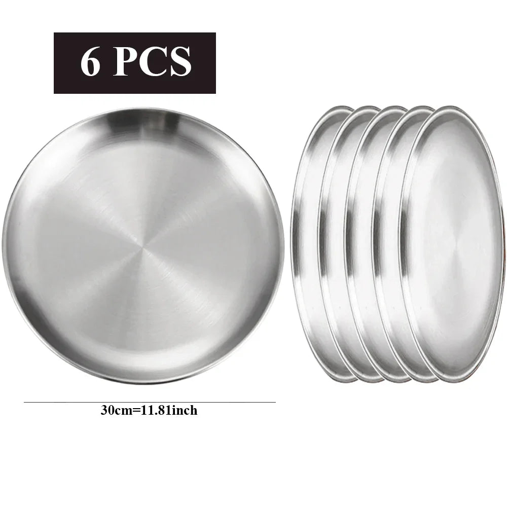 6Pcs Stainless Steel Plate Set BBQ Fried Chicken Barbecue Meat Plate Vegetable Fruit Storage Tray Party Cake Dessert Plate