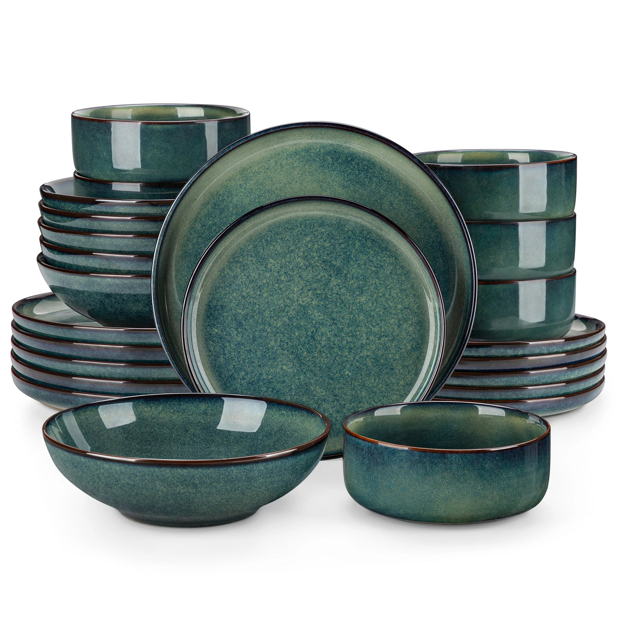 24 Piece Green Reactive Glaze Stoneware Dinner Set, Plates and Bowls for 6
