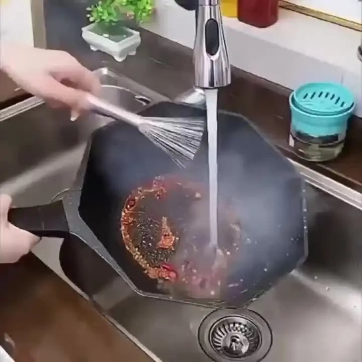 Stainless Steel Pan Brush with A Long Handle Dishwashing Brush Pot Cleaner Strong Decontamination Hangable Kitchen Clean Tools