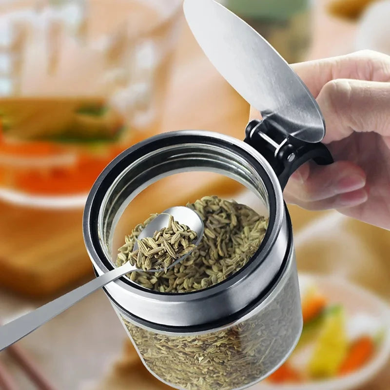1Pcs Glass Seasoning Jar Stainless Steel Lid With Spoon Condiment Bottle Salt Shaker Kitchen Supplies Storage Set Spice Boxes