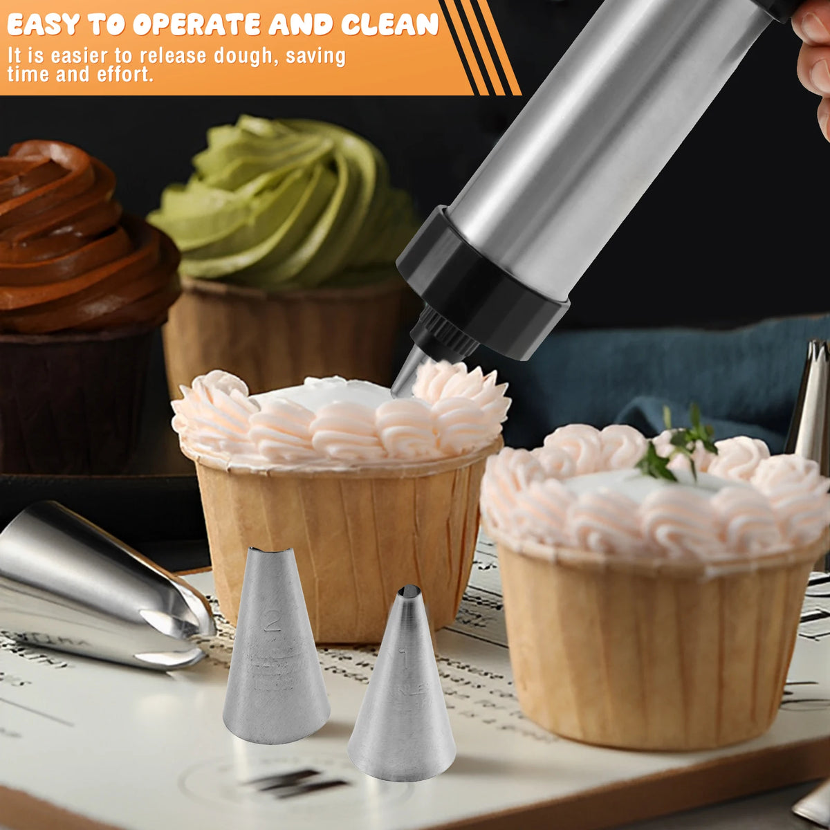 Stainless Steel Churro Maker and Cookie Press Gun Kit with 8 Nozzles