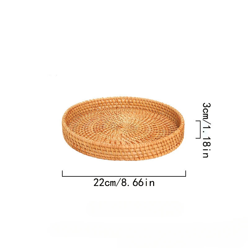 Hand-Woven Rattan Round Tray Basket, Bread and Fruit Basket, 22, 24 or 28 cm