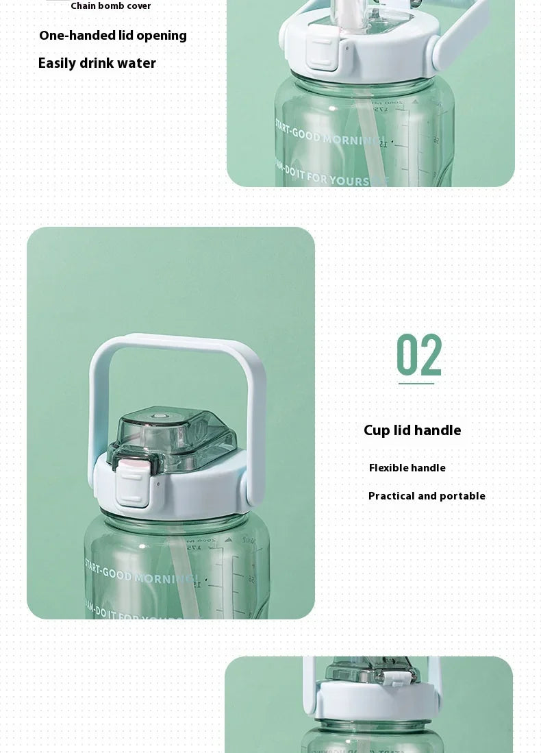 2 L Plastic Water Bottle with Straw and Time Markers, Sports Bottle, 5 Colours