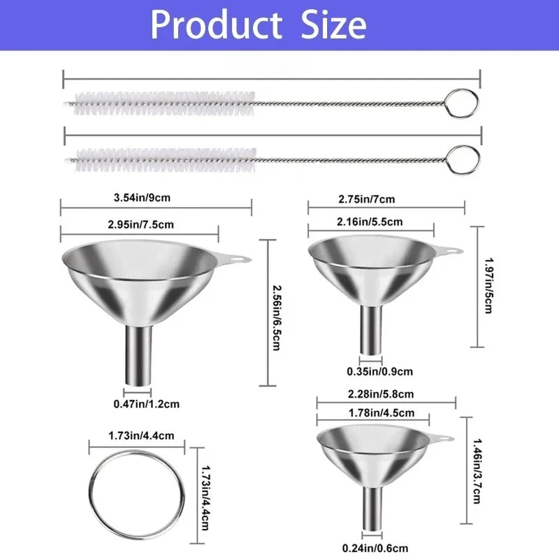 Stainless Steel Kitchen Funnel Set with Cleaning Brush