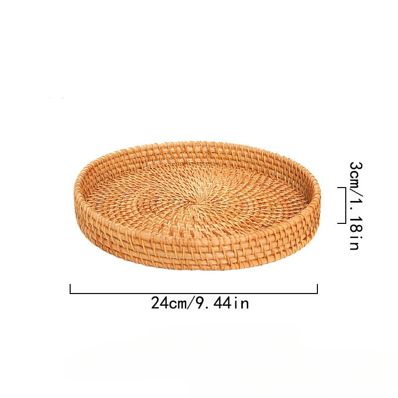 Hand-Woven Rattan Round Tray Basket, Bread and Fruit Basket, 22, 24 or 28 cm