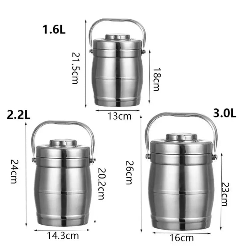 Stainless Steel Insulated Food Jar with Foldable Handle, Leakproof Lunch Box, 1.6, 2.2 or 3 L