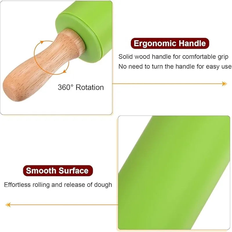 Silicone Rolling Pin with Wooden Handle, Non-Stick, 1 or 4 Pack