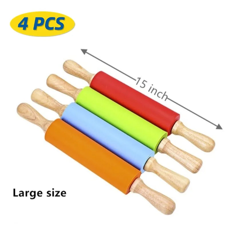 Silicone Rolling Pin with Wooden Handle, Non-Stick, 1 or 4 Pack
