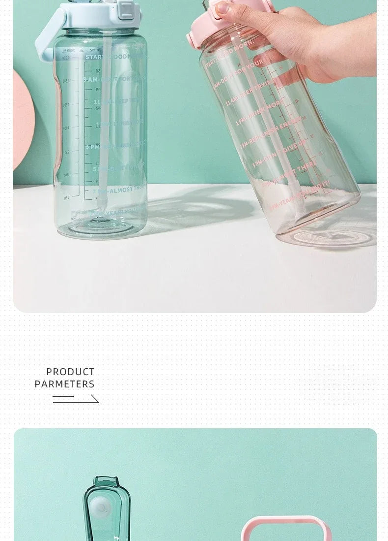 2 L Plastic Water Bottle with Straw and Time Markers, Sports Bottle, 5 Colours