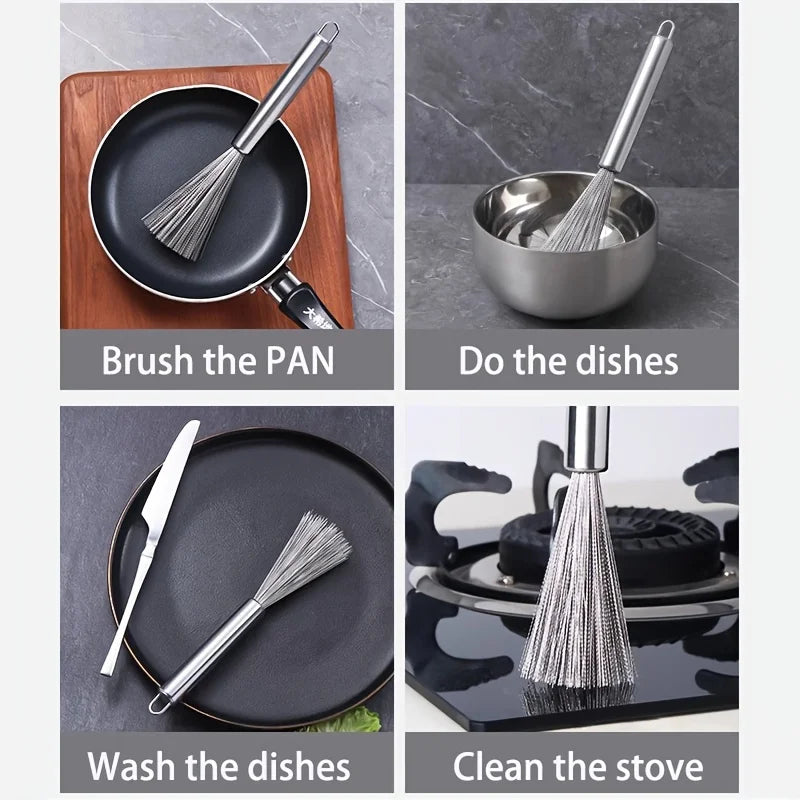 Stainless Steel Pan Brush with A Long Handle Dishwashing Brush Pot Cleaner Strong Decontamination Hangable Kitchen Clean Tools