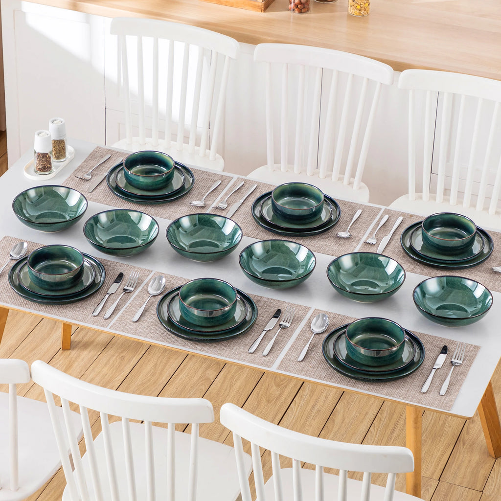 24 Piece Green Reactive Glaze Stoneware Dinner Set, Plates and Bowls for 6