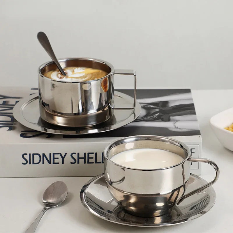 Korean Style Niche Coffee Cup and Saucer Set Retro Stainless Steel Coffee Cup Small Exquisite Posing Vlog Afternoon Tea Cup