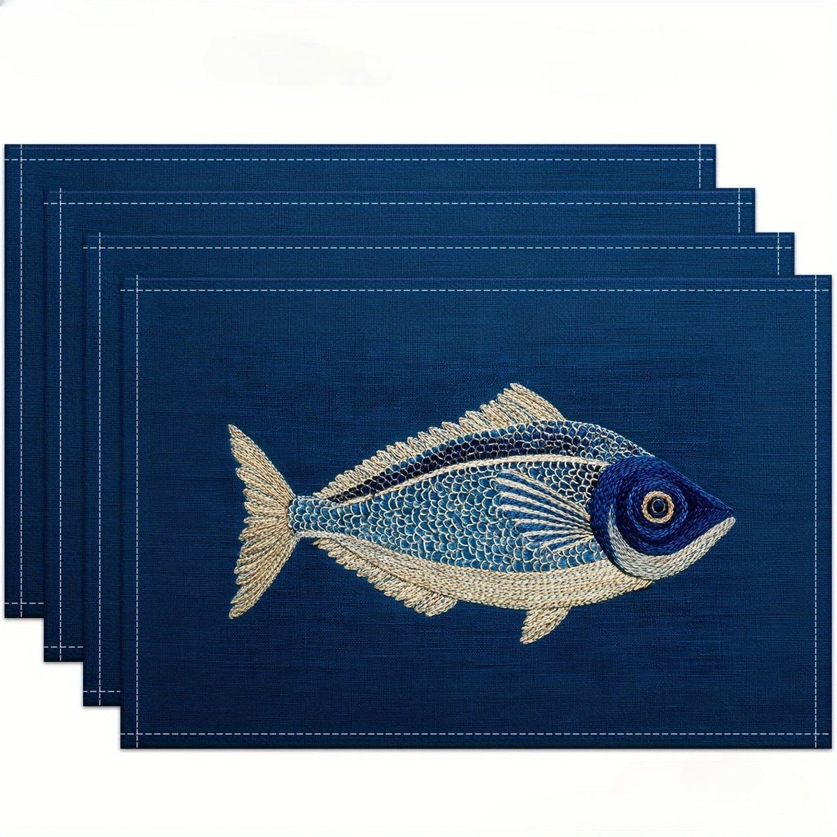 Blue Linen Placemat with Embroidered Fish Pattern