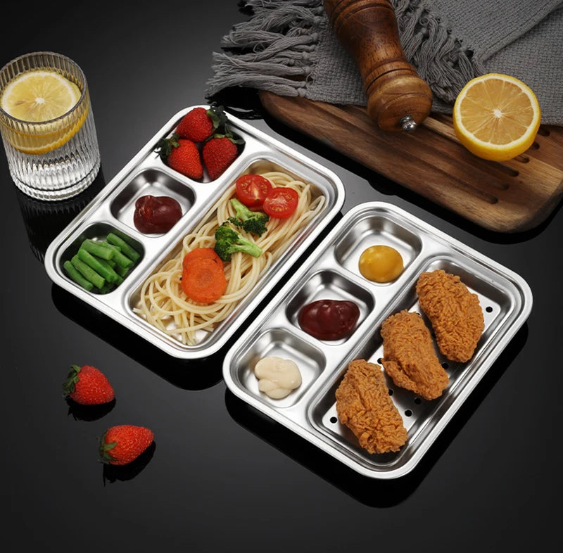 4 Grid 304 Stainless Steel Food Tray Oil Drain Barbecue Sauce Snack Trays Divided Dinner Tray Lunch Fruit Snack Container