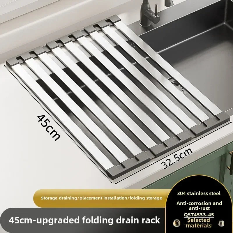 304 Stainless Steel Foldable Sink Drain Rack and Basket, Retractable, 35 to 45 cm