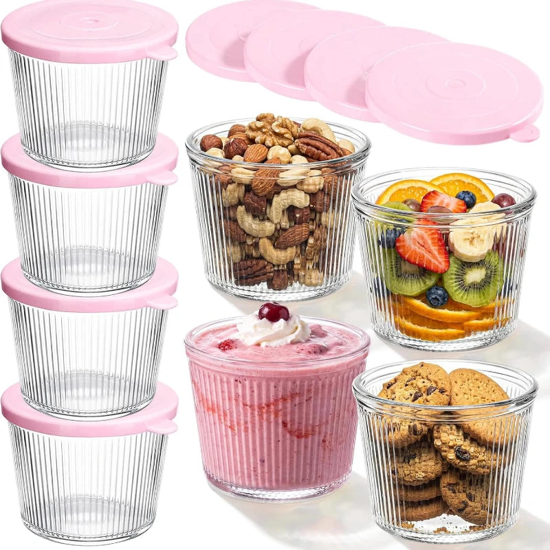 4/6PCS Small Glass Bowl with Lid Clear Stripe Glass Container Stackable for Desserts Puddings Sauces Dips Nuts Oats Candy Sweets
