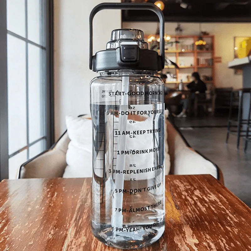 2 L Plastic Water Bottle with Straw and Time Markers, Sports Bottle, 5 Colours