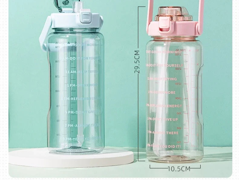 2 L Plastic Water Bottle with Straw and Time Markers, Sports Bottle, 5 Colours