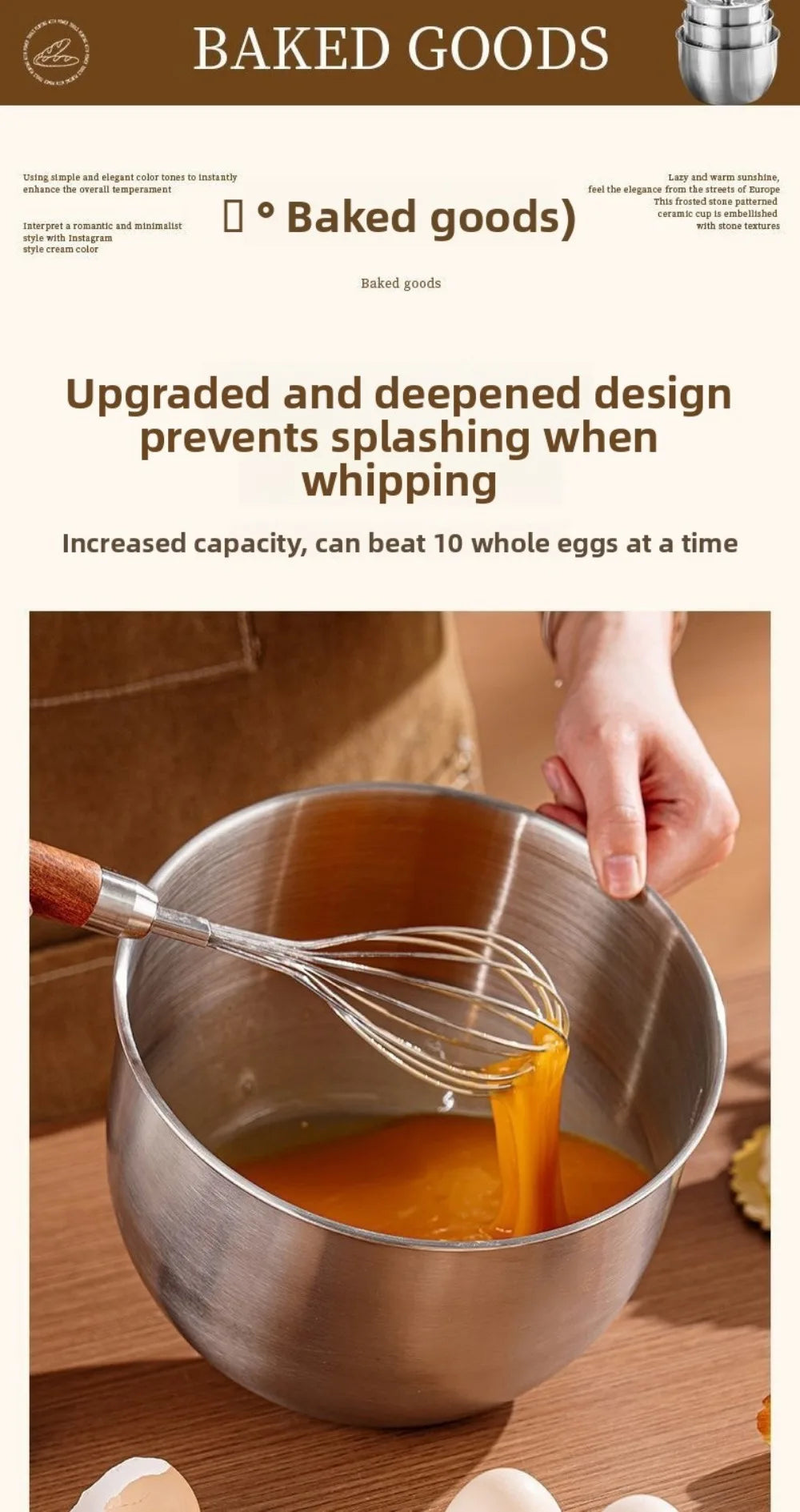 Stainless Steel Mixing Bowl Household Splash Proof Salad Egg Beating Basin Deep Design Bread Cake Fruit Container
