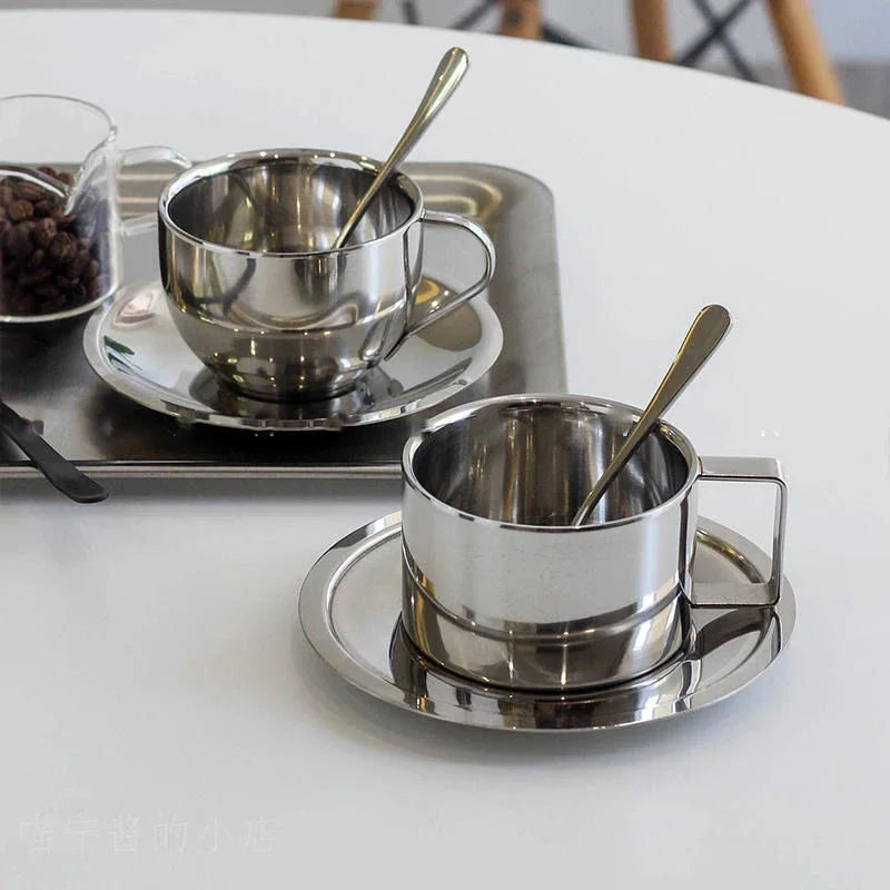 Korean Style Niche Coffee Cup and Saucer Set Retro Stainless Steel Coffee Cup Small Exquisite Posing Vlog Afternoon Tea Cup