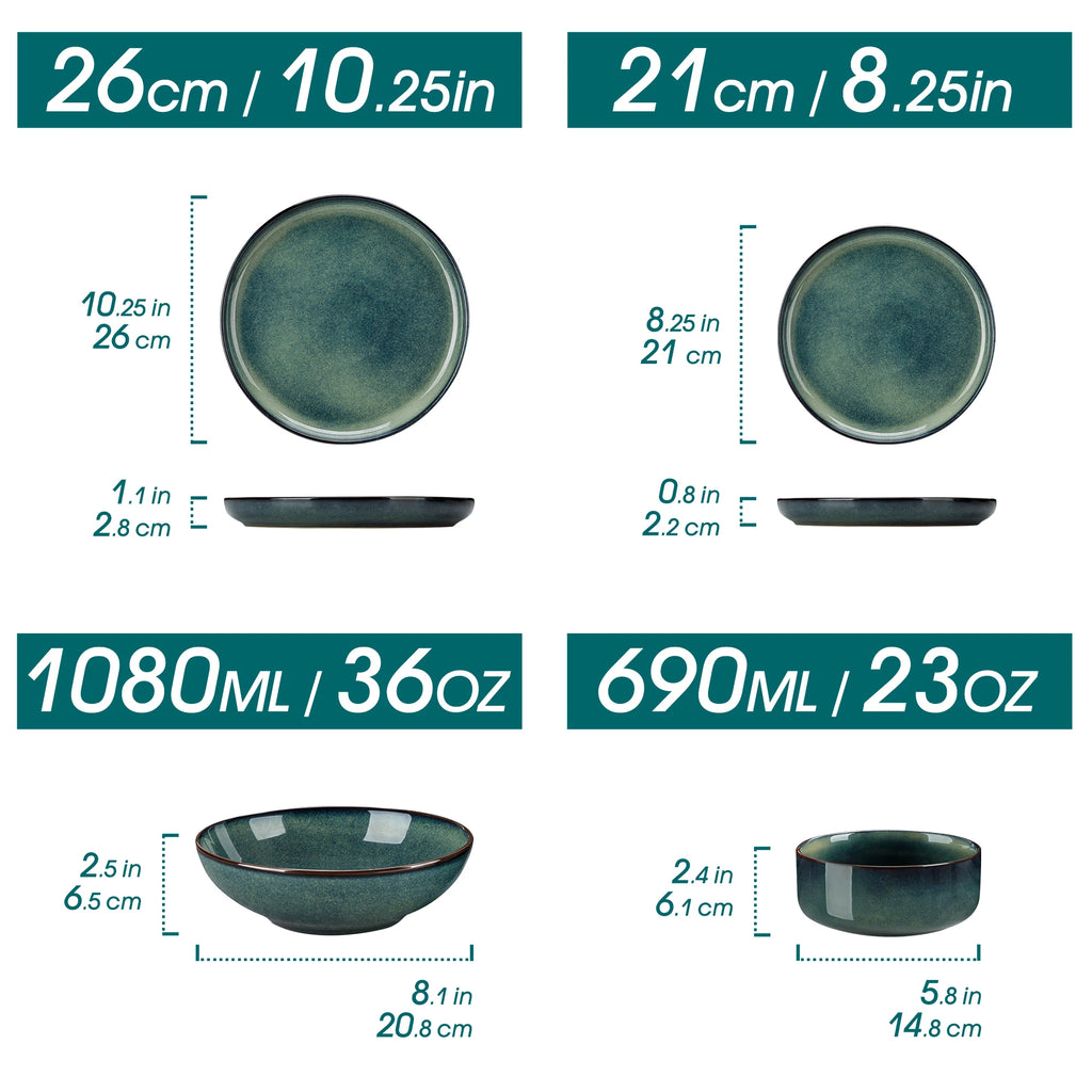 24 Piece Green Reactive Glaze Stoneware Dinner Set, Plates and Bowls for 6