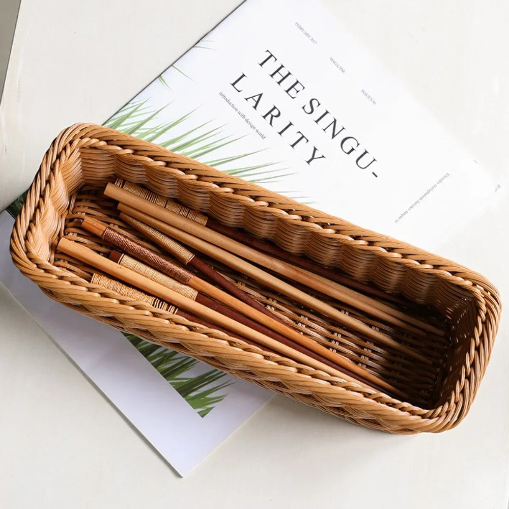 Faux Rattan Plastic Storage Basket Tray, Bread and Fruit Serving Basket, 3 Sizes