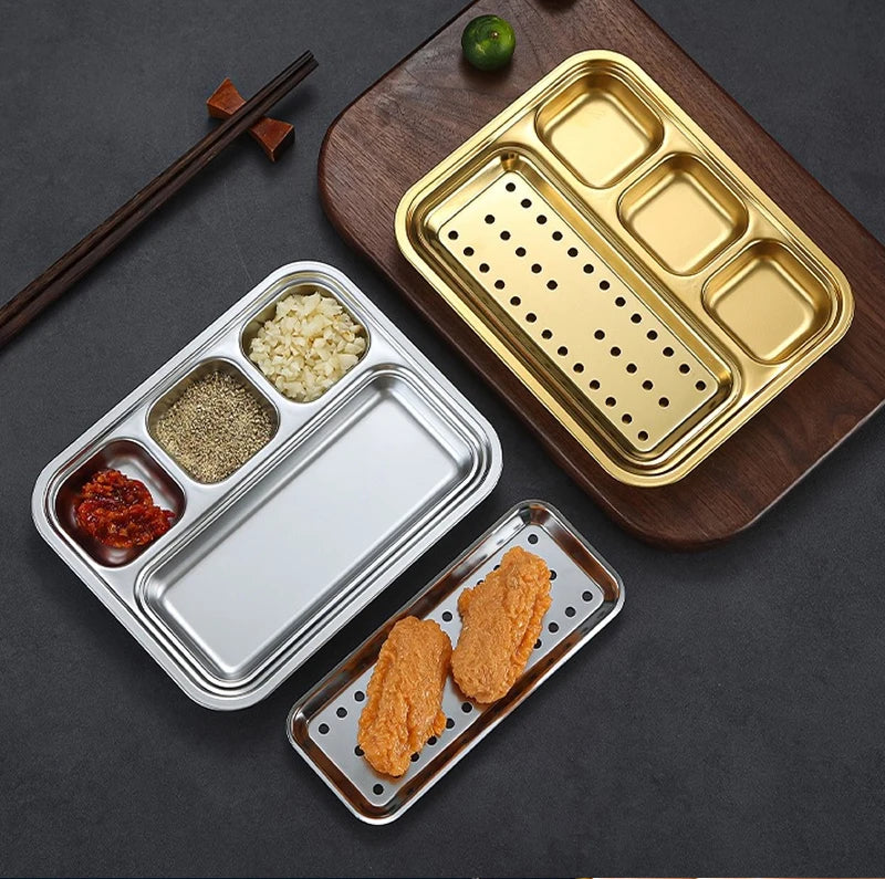 4 Grid 304 Stainless Steel Food Tray Oil Drain Barbecue Sauce Snack Trays Divided Dinner Tray Lunch Fruit Snack Container