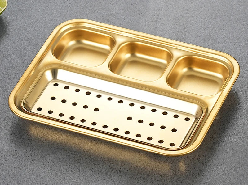 4 Grid 304 Stainless Steel Food Tray Oil Drain Barbecue Sauce Snack Trays Divided Dinner Tray Lunch Fruit Snack Container