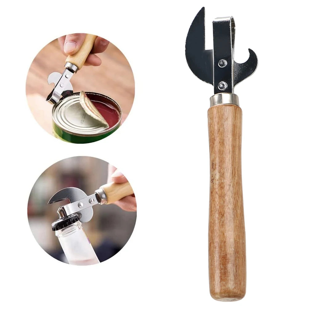 Stainless Steel Can and Bottle Opener with Wooden Handle