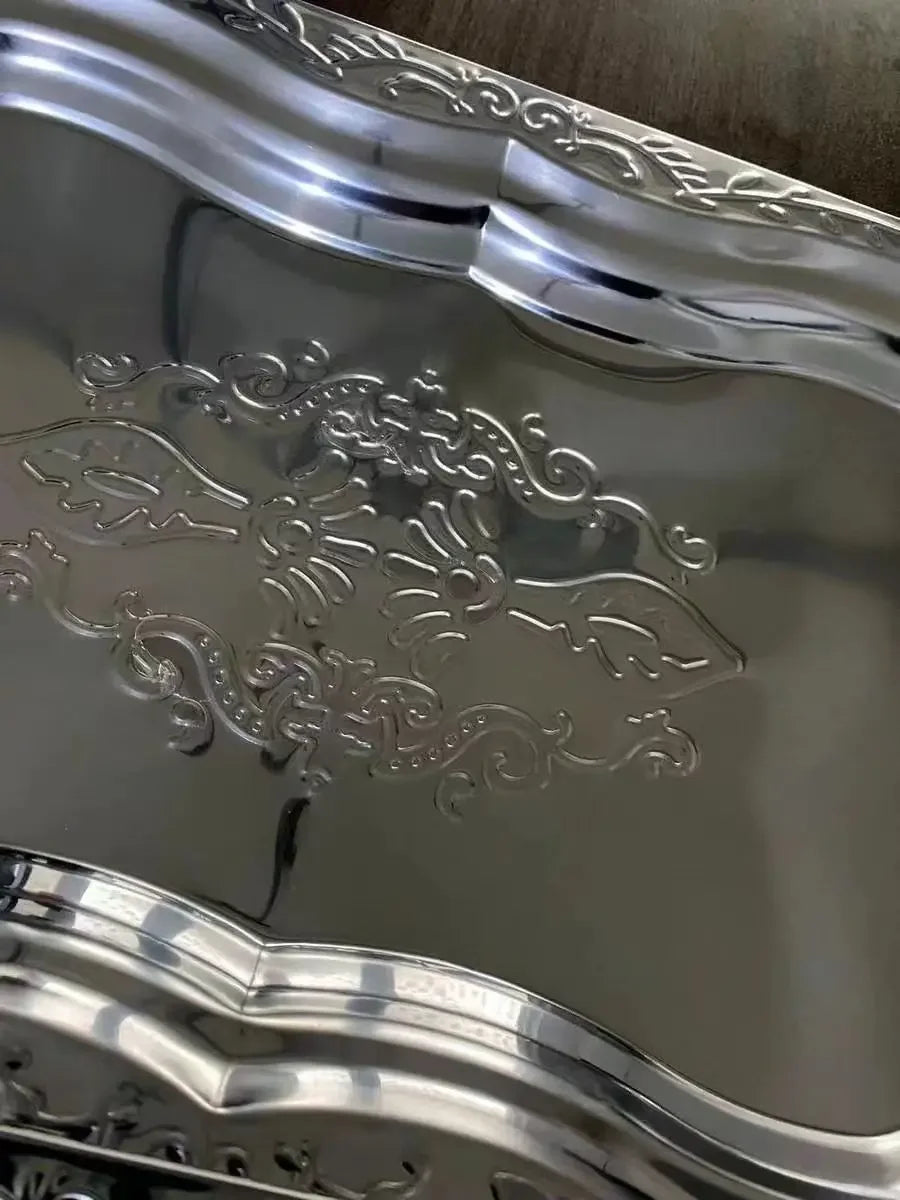 1PCS Stainless Steel Rectangular Tray with Embossed Design for Kitchen Living Room Storage Durable Fruit Snack Cake Serving Dish