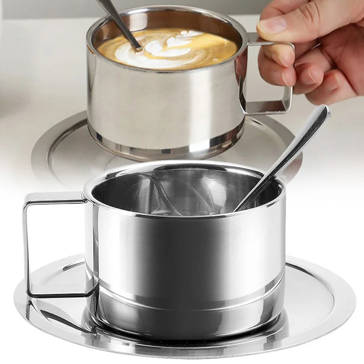 Korean Style Niche Coffee Cup and Saucer Set Retro Stainless Steel Coffee Cup Small Exquisite Posing Vlog Afternoon Tea Cup