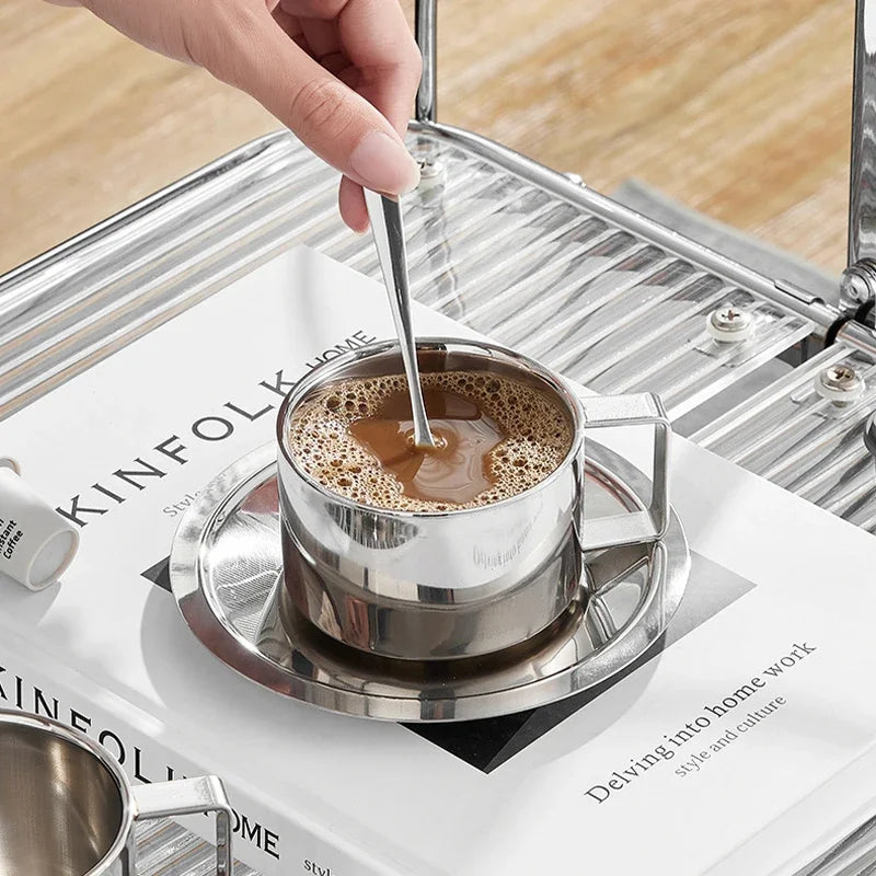 Korean Style Niche Coffee Cup and Saucer Set Retro Stainless Steel Coffee Cup Small Exquisite Posing Vlog Afternoon Tea Cup