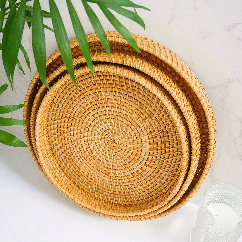 Hand-Woven Rattan Round Tray Basket, Bread and Fruit Basket, 22, 24 or 28 cm
