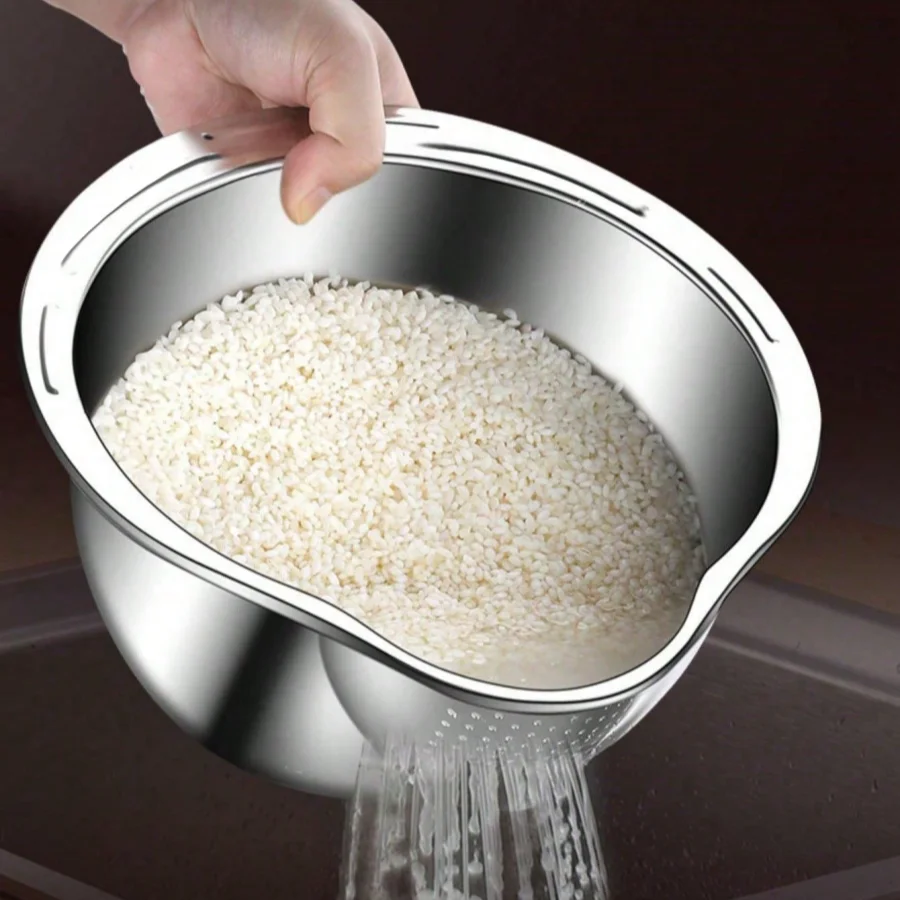 Stainless Steel Rice Washing Bowl with Drain Holes