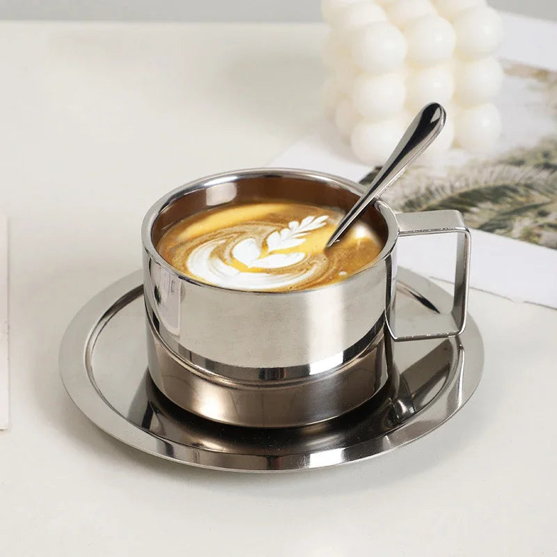 Korean Style Niche Coffee Cup and Saucer Set Retro Stainless Steel Coffee Cup Small Exquisite Posing Vlog Afternoon Tea Cup