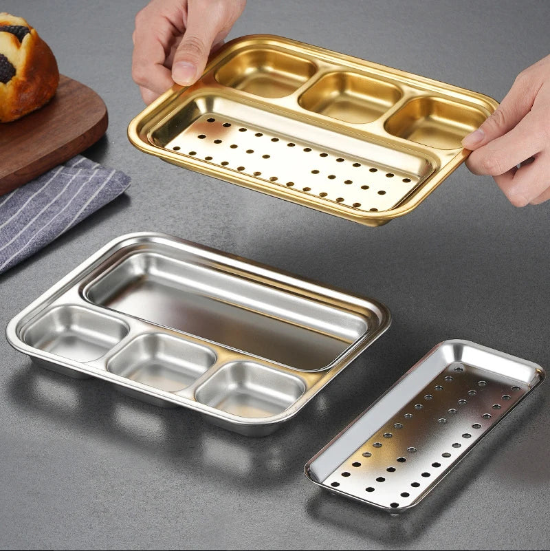 4 Grid 304 Stainless Steel Food Tray Oil Drain Barbecue Sauce Snack Trays Divided Dinner Tray Lunch Fruit Snack Container