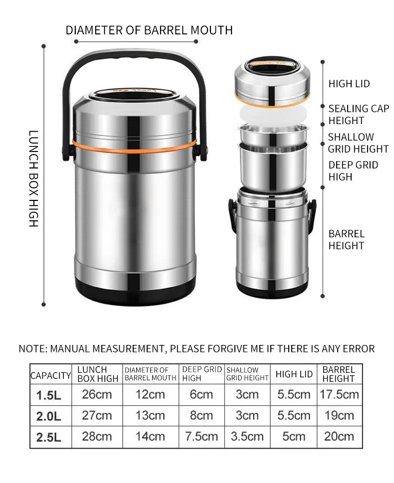 Stainless Steel Insulated Lunch Box, 3 Tier Bento Food Carrier, 1.5 L, 2 L or 2.5 L