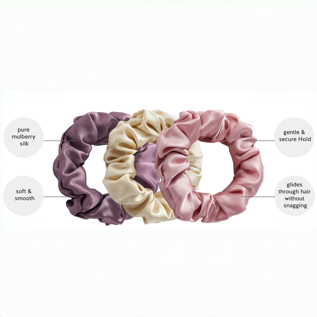 Silk Hair Scrunchies Set of 3, Widths 1cm, 2cm and 3cm